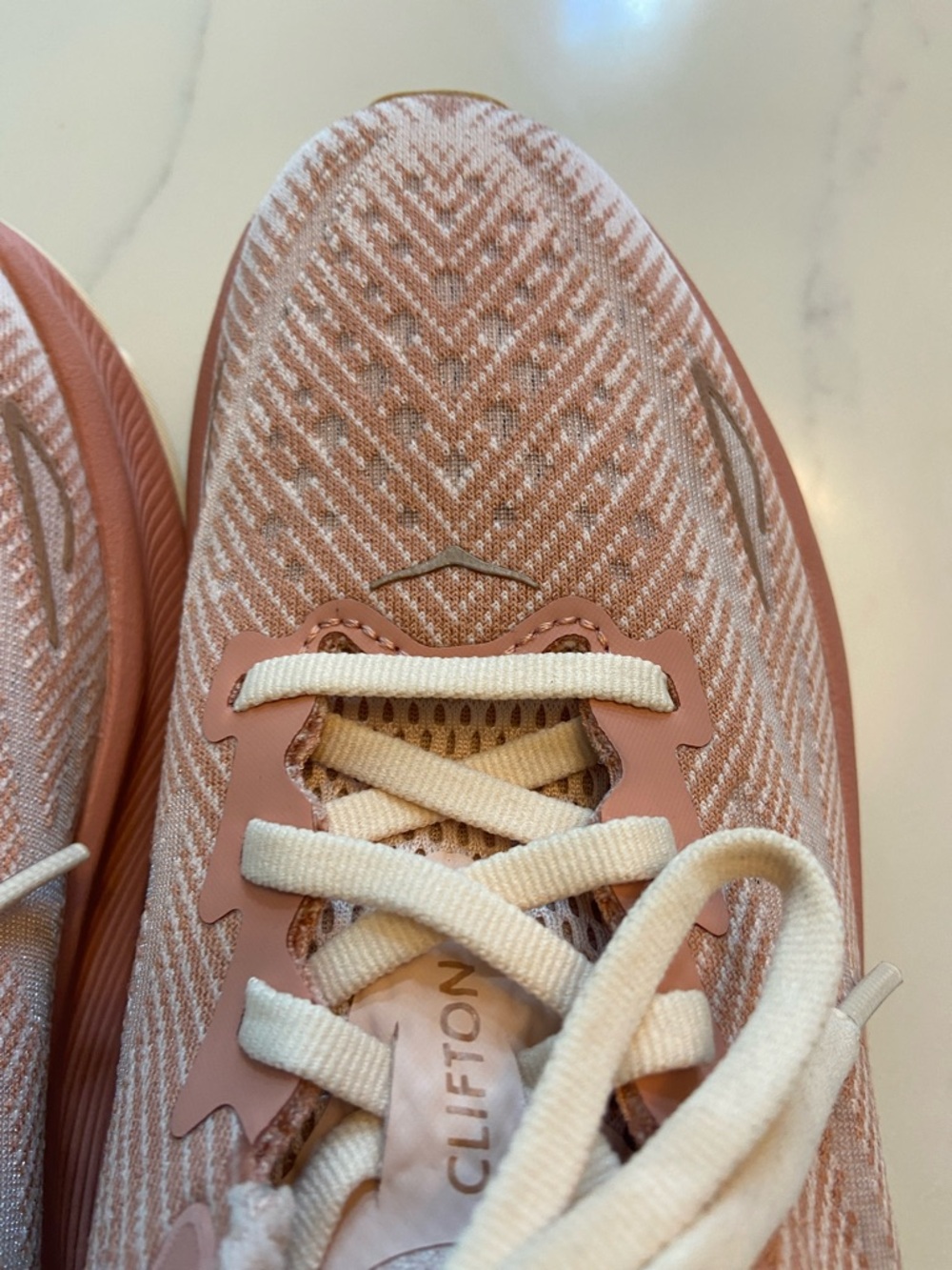 Hoka Clifton Women's Athletic Shoes in Blush Pink and White - Picture 15 of 16